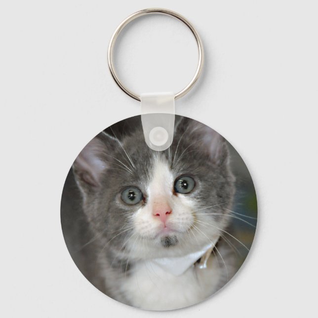 Grått/Grått/Silver och vit kattnyckelkedja Nyckelring (Framsida)
