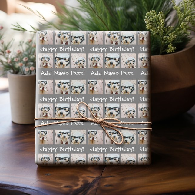 Grått Grattis på födelsedagen Namn 6 Square Photo  Presentpapper (Personalized Photo Paper)