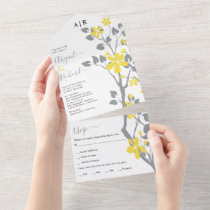 Grått gren med gula blommor initialer bröllop