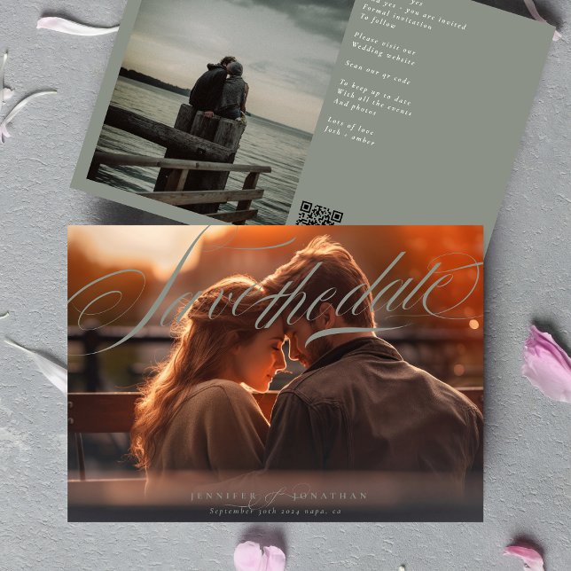 Grått Grönt Classic Elegant QR-kod Foto Bröllop Spara Datumet (Skapare uppladdad)