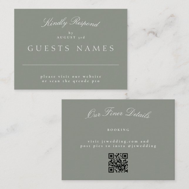Grått Grönt Elegant Classic Bröllop QR CODE OSA Anteckningskort (Fram/baksida)