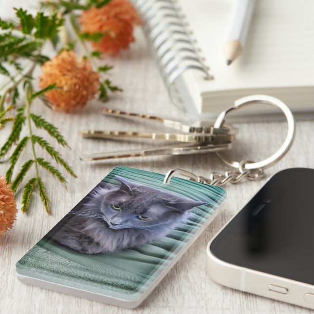 Grått Grönt Eyed Cat Acrylic Keychain Nyckelring (Högra Framsidan)