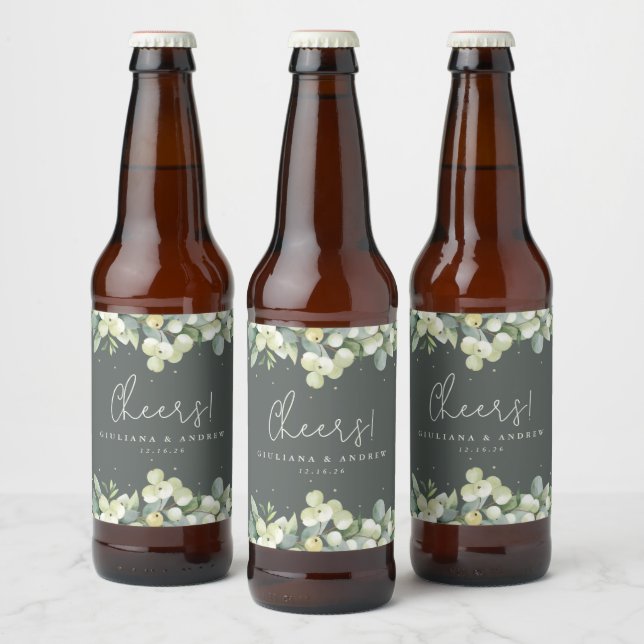 Grått-Grönt Snowberry+Eucalyptus Winter Wedding Ölflaska Etikett (Flaskor)