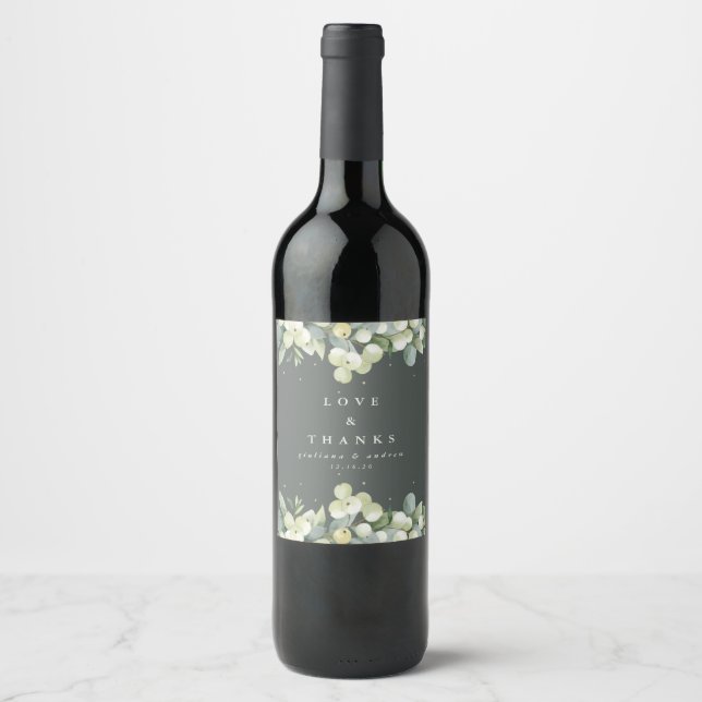 Grått-Grönt Snowberry+Eucalyptus Winter Wedding Vinflaska Etikett (Framsida)