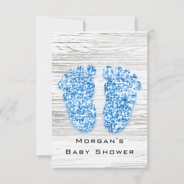 Grått Guld Baby Shower Feet Wood Rustic Boy Blue Inbjudningar (Baksida)