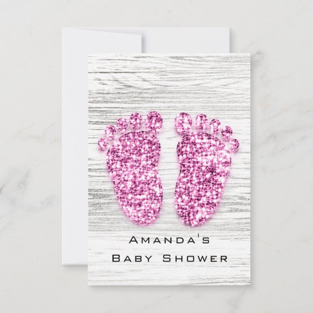 Grått Guld Baby Shower Feet Wood Rustic Girl Rosa Inbjudningar (Baksida)