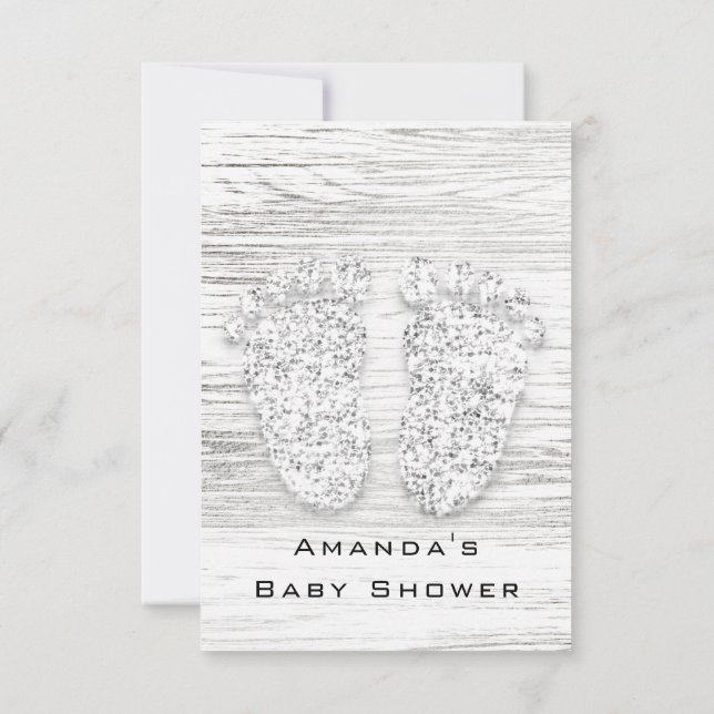Grått Guld Baby Shower Feet Wood White Girl Boy Inbjudningar (Baksida)