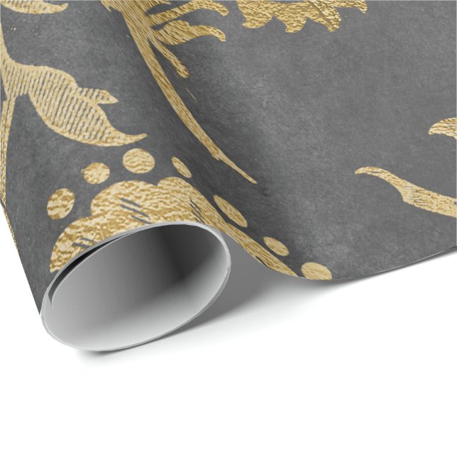 Grått Guld Big Flowers Cottage Damask Graphite Presentpapper (Rullad Hörn)