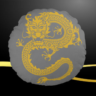 Grått, Guld & Black, Chinese Dragon Zodiac   Rund Kudde