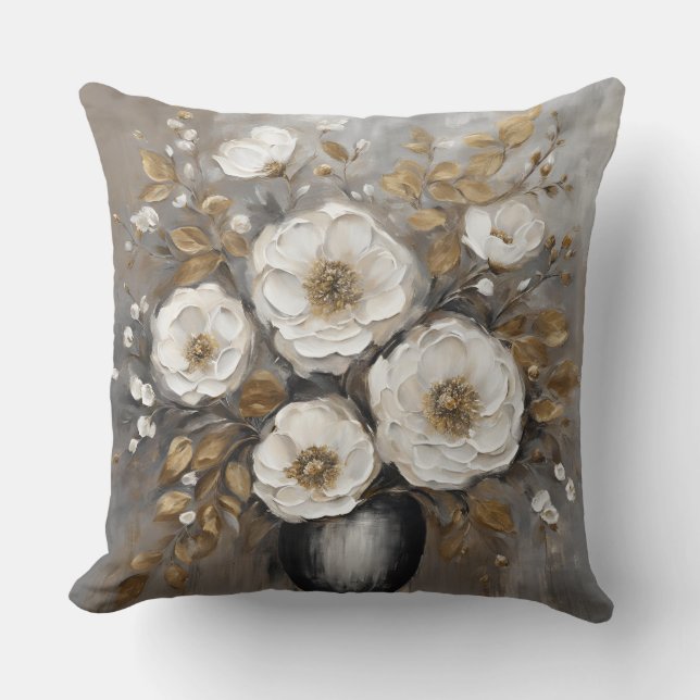 Grått Guld Black White Blommigt Bouquet Kudde (Framsida)