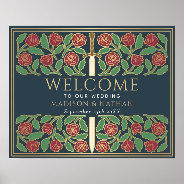 Grått Guld Blommig Svärd Kunglig Bröllops Välkomst Poster (Framsidan)