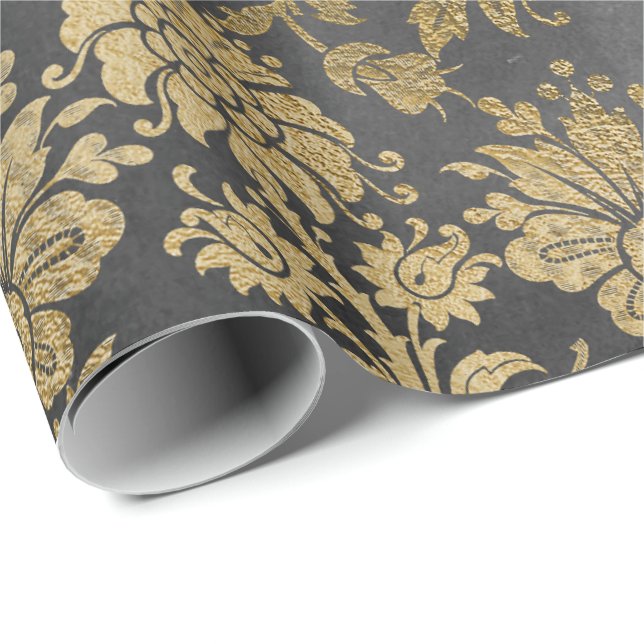 Grått Guld Blommigt Royal Cottage Damask Graphite Presentpapper (Rullad Hörn)