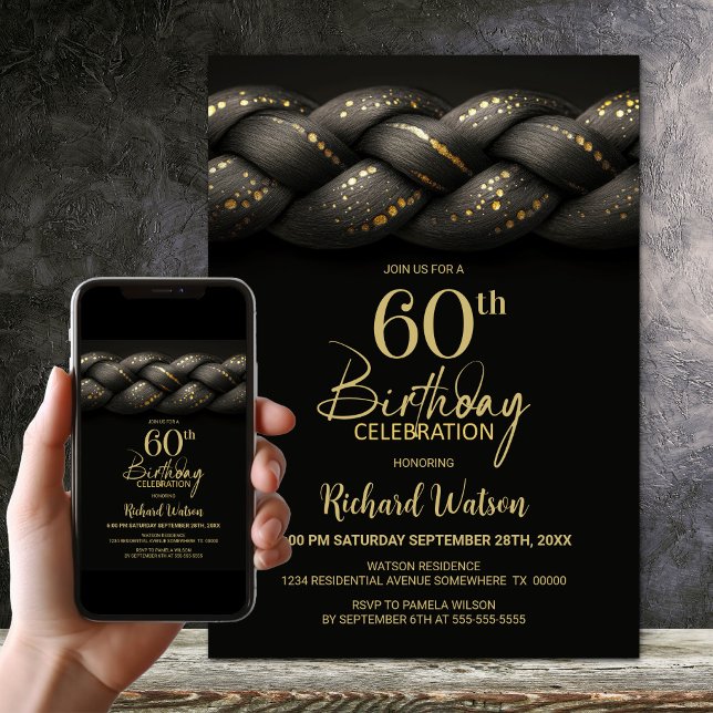 Grått Guld Braid 60:e Födelsedagsfesten Inbjudningar (Skapare uppladdad)
