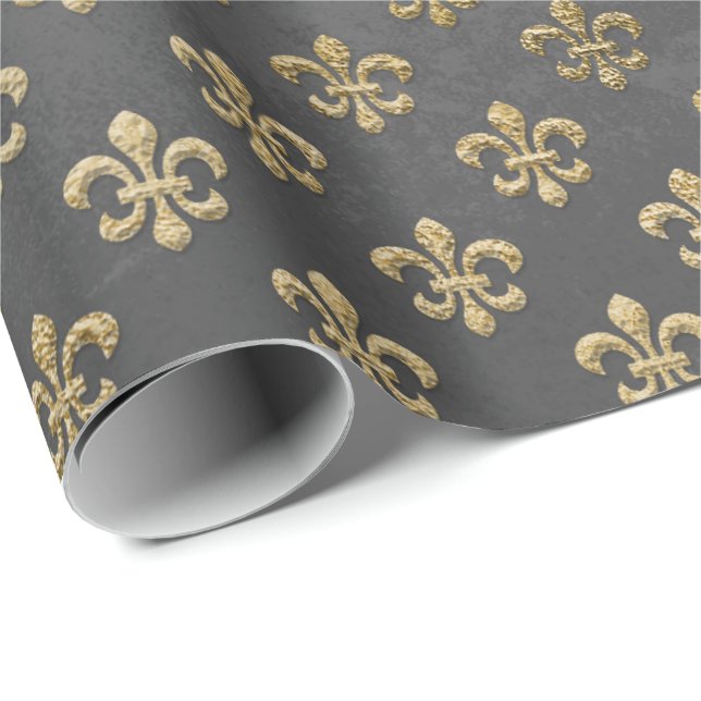 Grått Guld Grungy Fleur De Lis Royal Graphite Presentpapper (Rullad Hörn)