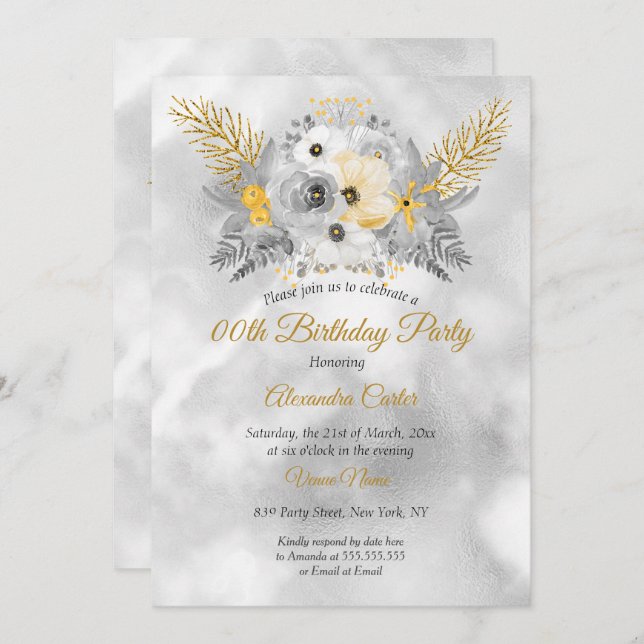 Grått Guld Gult Blommigt Bouquet Födelsedagsfest Inbjudningar (Fram/baksida)