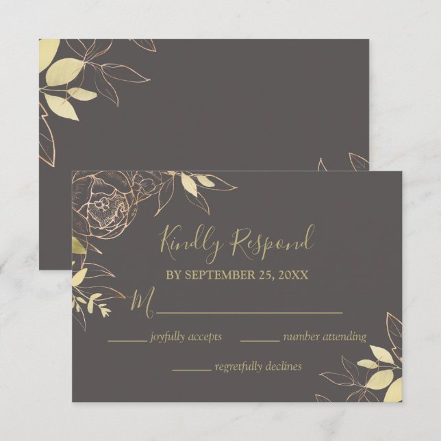 Grått & Guld Peony Blommigt Bröllop OSA Kort (Fram/baksida)