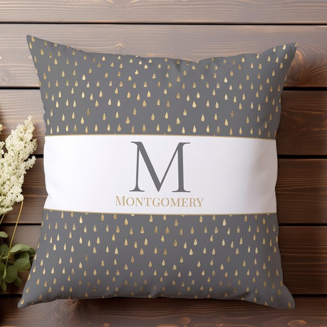Grått Guld Regndroppe Modernt Trendigt Monogram Kudde (Skapare uppladdad)