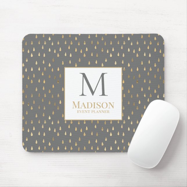 Grått Guld Regndroppe Modernt Trendigt Monogram Musmatta (Med mus)