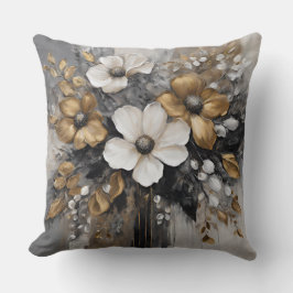 Grått Guld Svart Vita Blommor Kudde