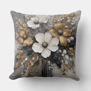 Grått Guld Svart Vita Blommor Kudde