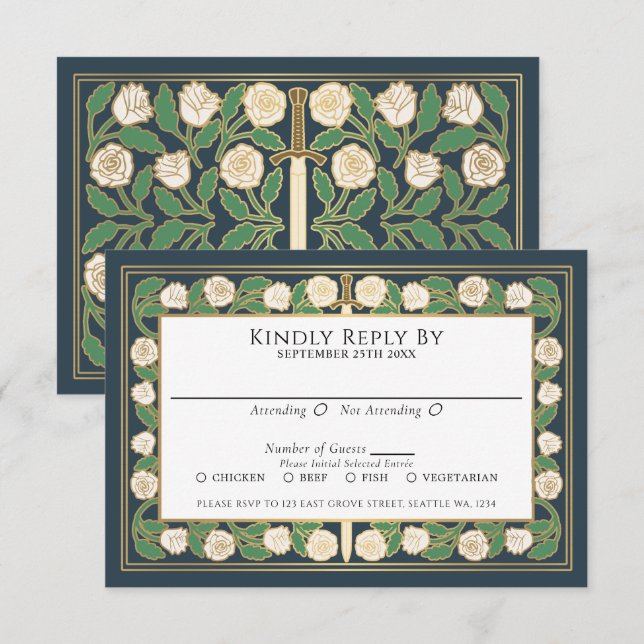 Grått Guld Vitt Blommigt Svärd Royal Bröllop RSVP OSA Kort (Fram/baksida)