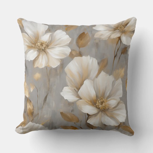 Grått Guld White Blommigt Home Decor Kudde (Framsida)