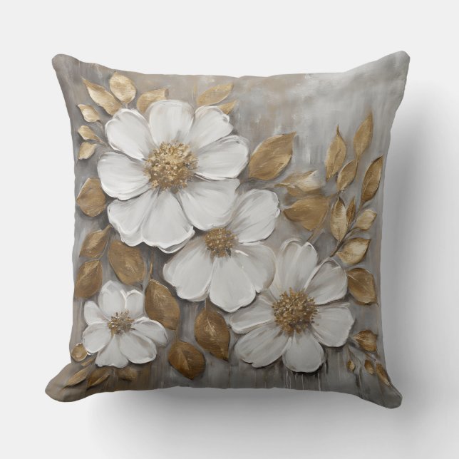 Grått Guld White Bold Blommigt Kudde (Framsida)