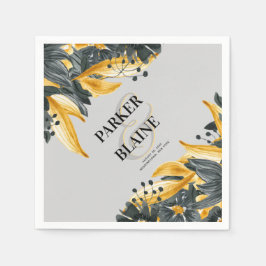 Grått & Gult Blommigt Vattenfärg Modern Bröllop Pappersservett