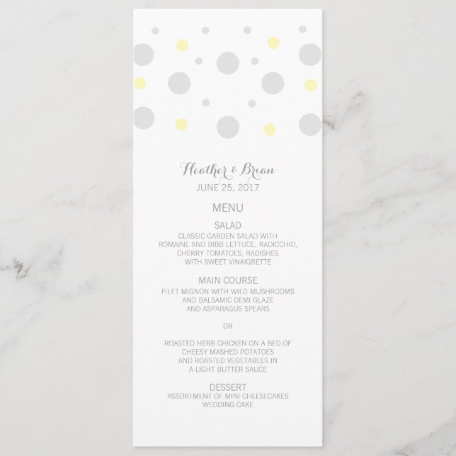Grått Gult Confetti Bröllop Menu Meny (Framsida)