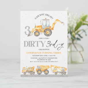 Grått Gult Construction Dirty 3rd-y 3rd Birthday Inbjudningar