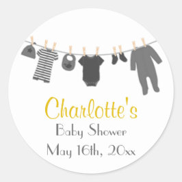 Grått & Gult Little Clothes Baby Shower Stickers Runt Klistermärke