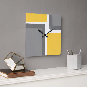 Grått Gult Minimalist Färg Block Fyrkantig Klocka