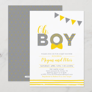 Grått & Gult Modern Typografi Pojk Babyshower Inbjudningar