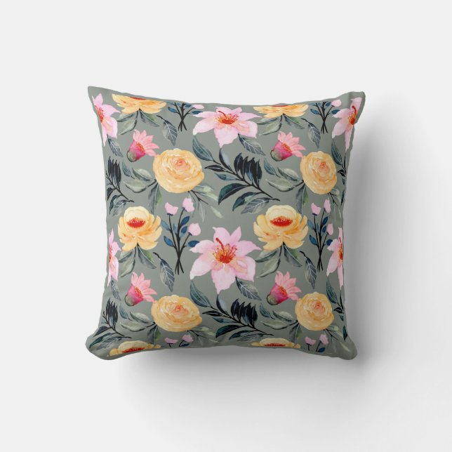 Grått Gult och Rosa Flowers Pillow Kudde (Framsida)