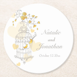 Grått, gult och vita fågelburar bröllop underlägg papper rund