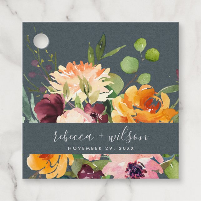 GRÅTT  GULT ORANGE BLOMMIGT BUNCH BRÖLLOP GÅVOR ETIKETTER (Framsida)