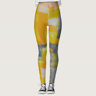 grått gult, vit abstrakt konsmålning leggings