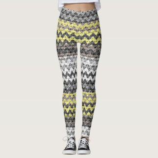 Grått Gult White Chevron Mönster Burlap-utseende Leggings