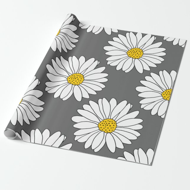 Grått Gult White Daisy Mönster Presentpapper (Utrullad)