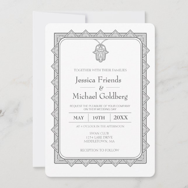 grått hamsa-inbjudan till geometrisk bröllopsinbju inbjudningar (Framsida)