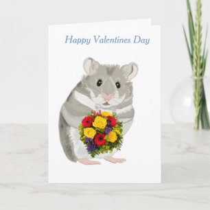 Grått Hamster med en bouquet-redigerbar Alla hjärt Helgkort