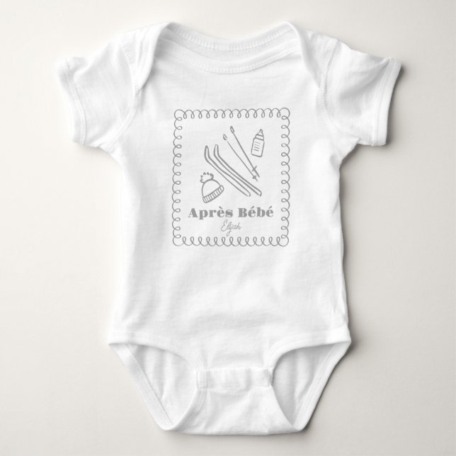 Grått Hand-Drawn Après Bébé Winter Ski T Shirt (Framsida)