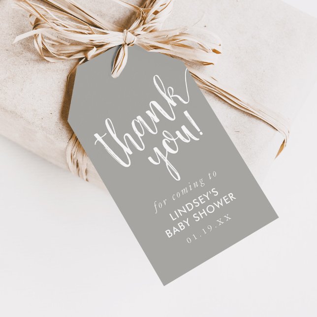 Grått Hand-Lettered Baby Shower-Tack-förmån Presentetikett (Skapare uppladdad)