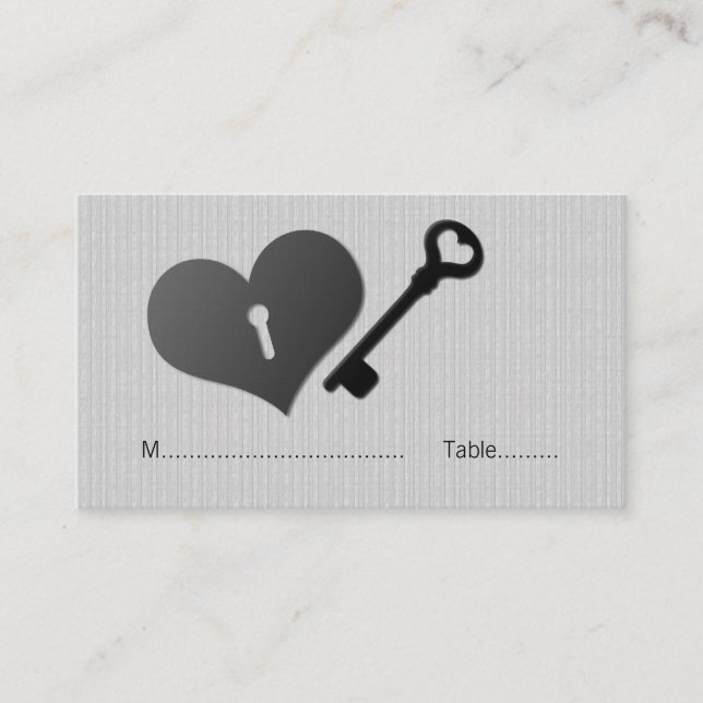 Grått Heart Lock och Nyckel Place Card Placeringskort (Framsida)