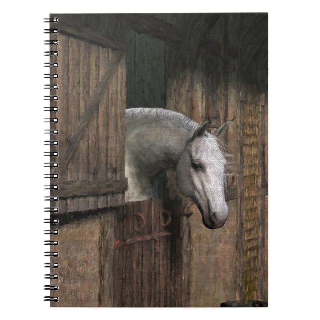 Grått Horse vid stabil dörr Anteckningsbok Med Spiral (Framsidan)