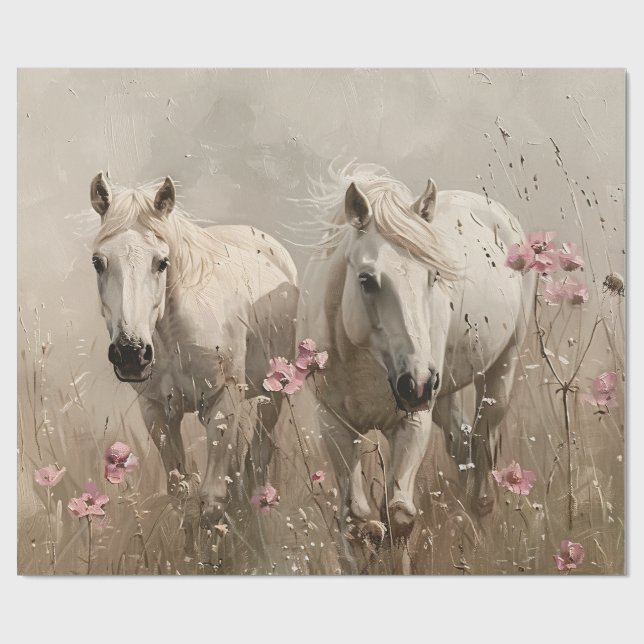 Grått Horses Rosa Flowers Oljemålning Decoupage Presentpapper (Platt)