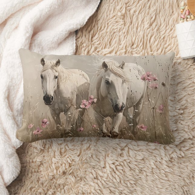 Grått Horses Rosa Flowers Oljemålning Lumbarkudde (Filt)