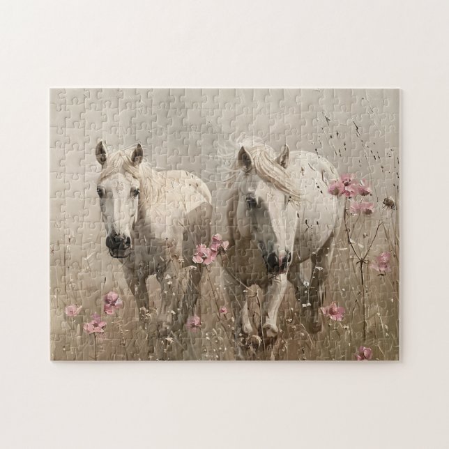 Grått Horses Rosa Flowers Oljemålning Pussel (Horisontell)