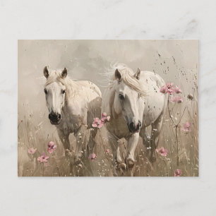 Grått Horses Rosa Flowers Oljemålning Vykort