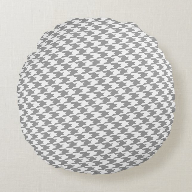 Grått Houndstooth Mönster Round Pillow Rund Kudde (Framsidan)